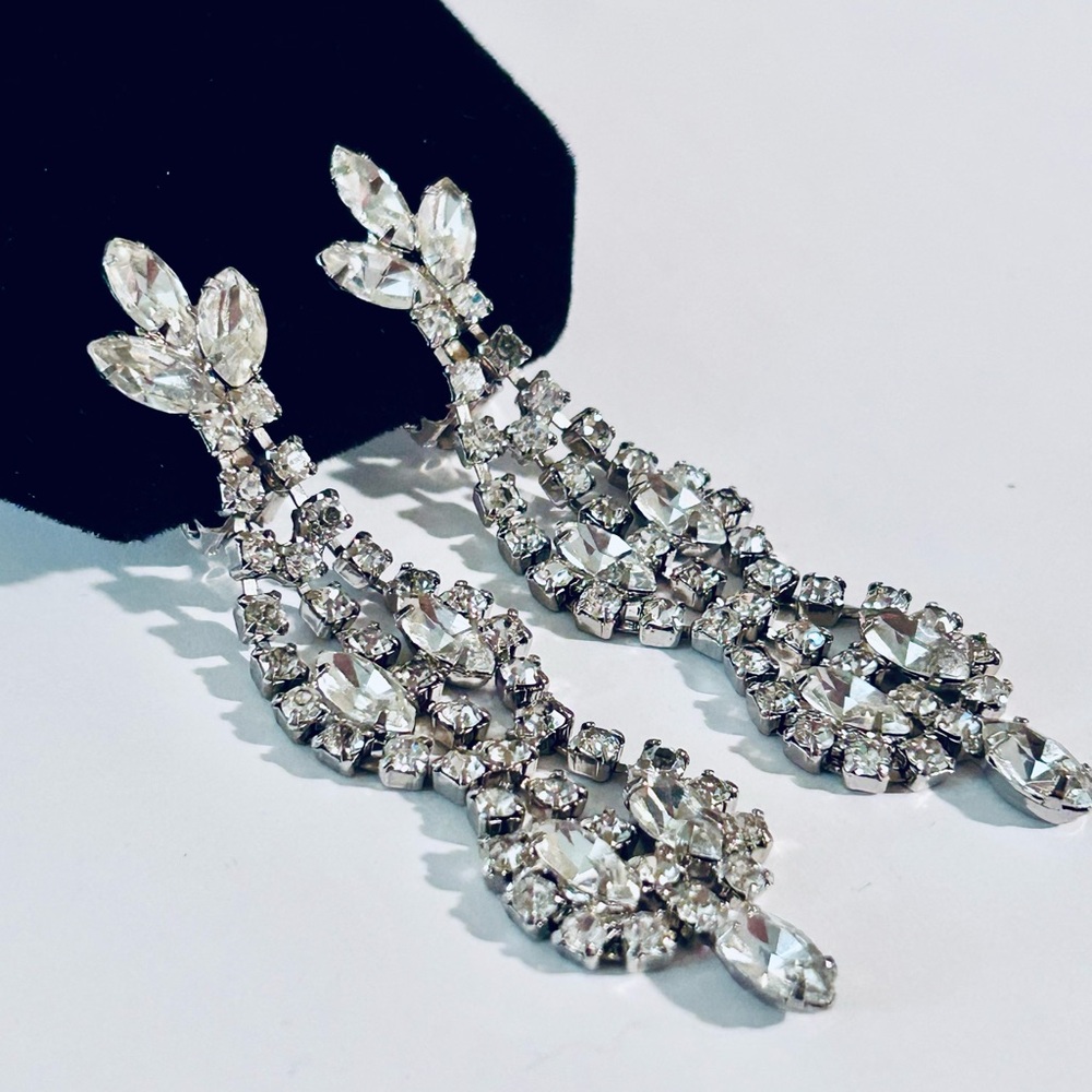 Statement Rhinestone Drop Clip-On Earrings - Clear Rhinestone Chandelier - Picture 3 of 7